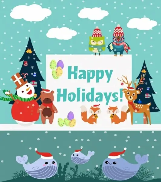 holidays banner winter backdrop cute stylized animals decoration