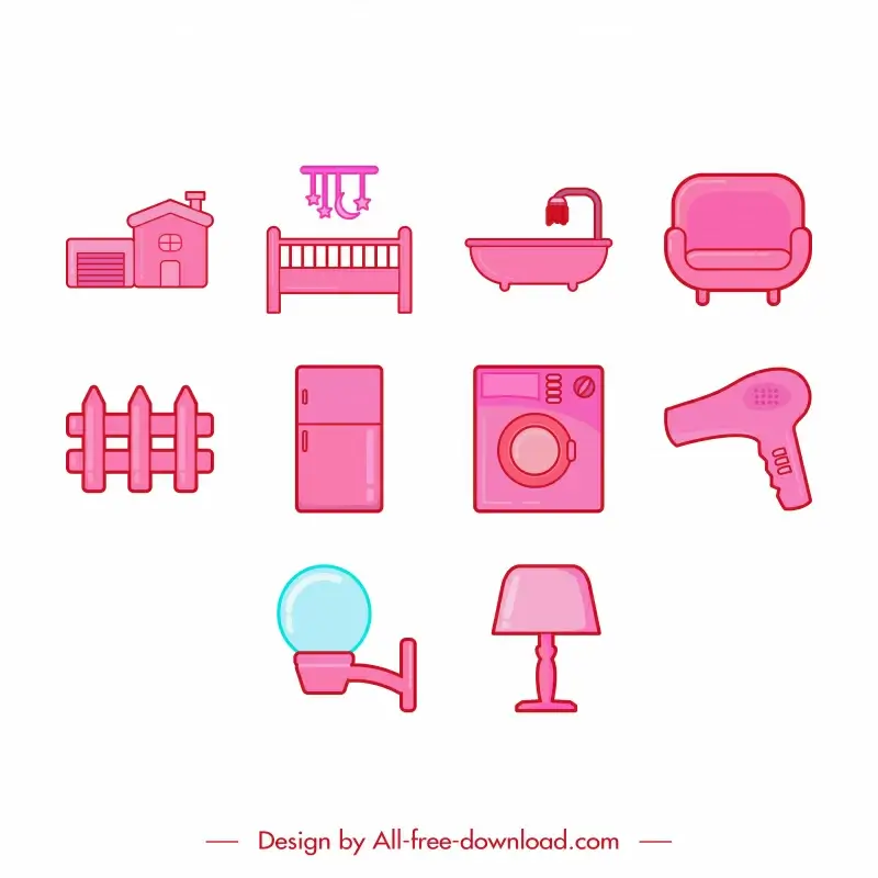 home furniture icons set pink flat design