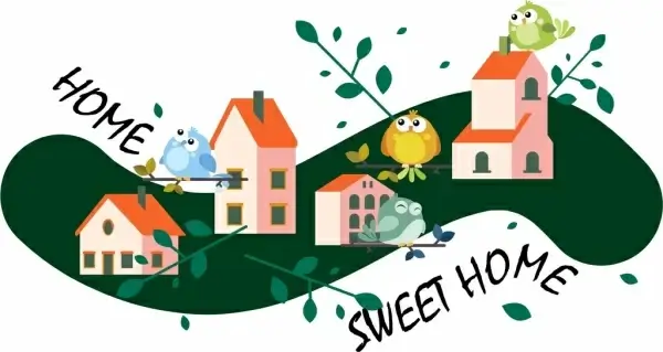 home sweet home background cute birds houses icons