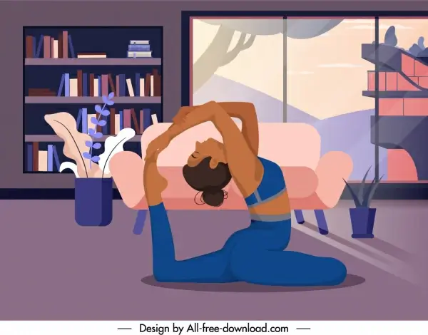 home yoga background exercising lady sketch cartoon character