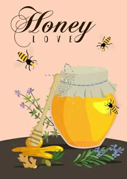 honey advertising calligraphy bees stick jar flowers decor