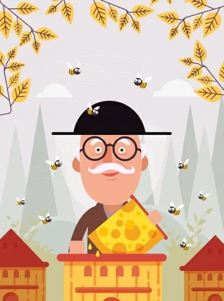 honey farm background man bees icons cartoon design 