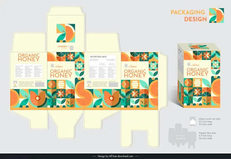 honey product packaging template geometric leaves flower decor flat 3d design 