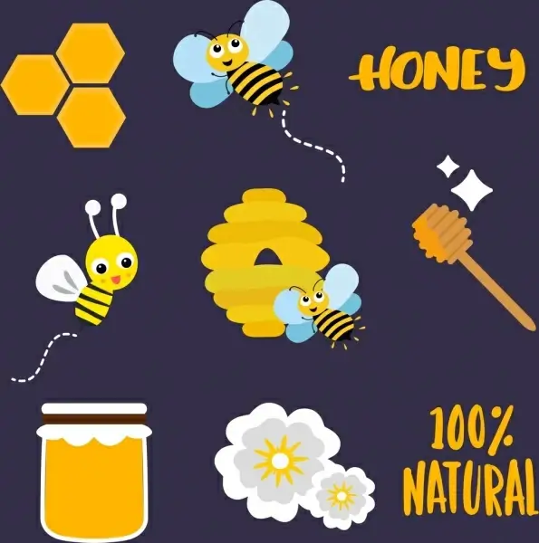 honey products design elements flat colored icons