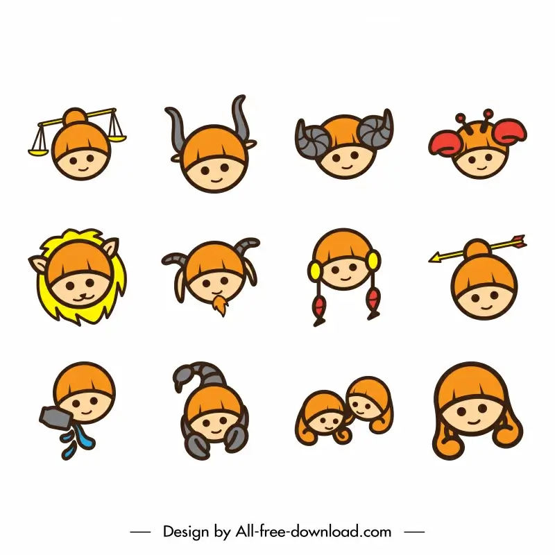 horoscope icons sets cute girl faces sketch