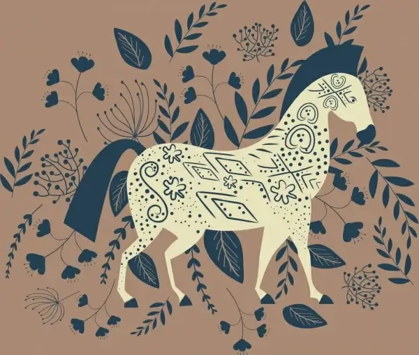 horse painting flowers leaves decor classical outline