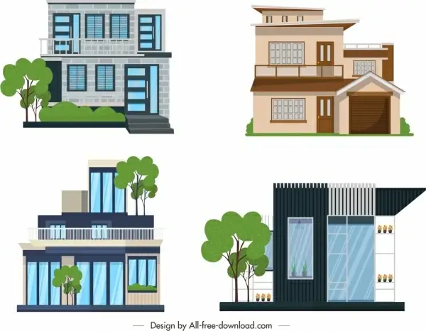 house building icons colored modern design
