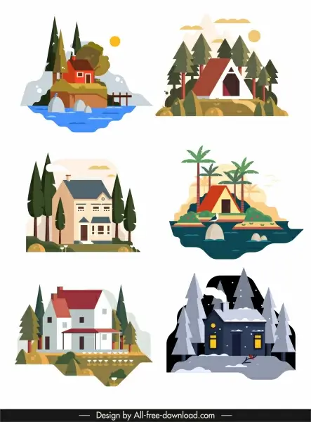 house icons colorful classic design