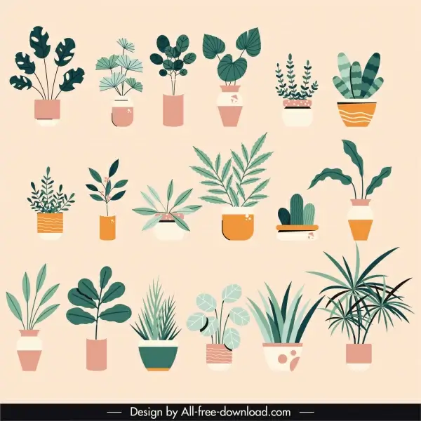 house plants icons flat classic sketch