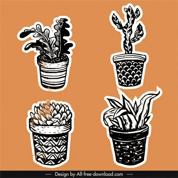 houseplant icons classical black white handdrawn sketch