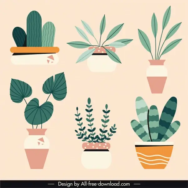 houseplants icons flat classical handdrawn sketch