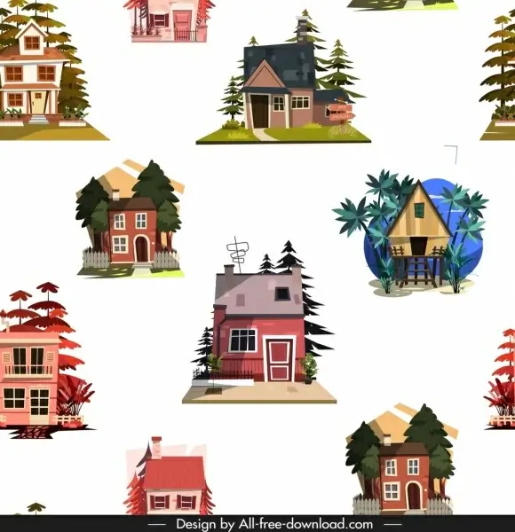 houses pattern colorful classical repeating sketch