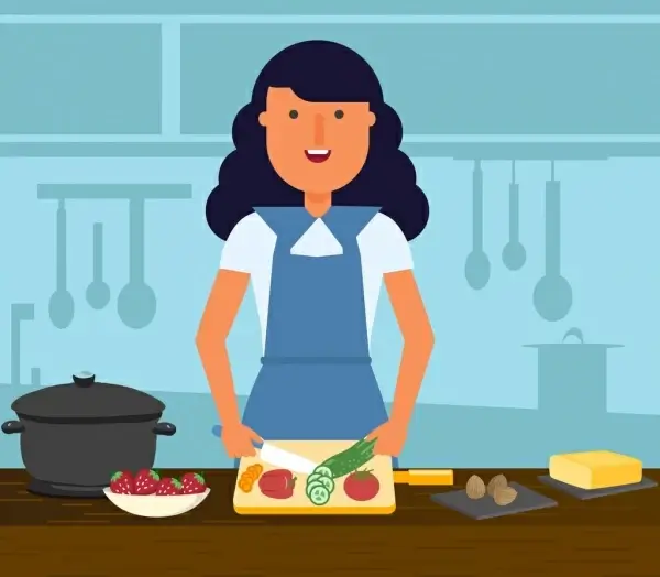 housewife background woman cooking work icons cartoon design