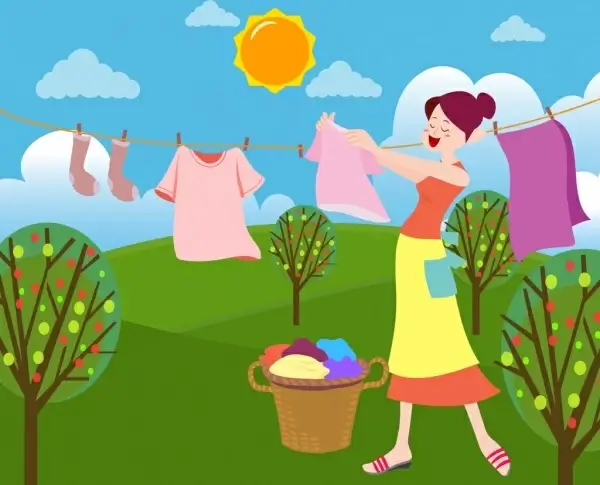 housewife drawing woman drying clothes colored cartoon design