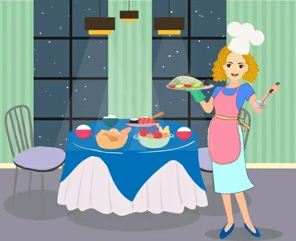 housewife drawing woman preparing diner colored cartoon