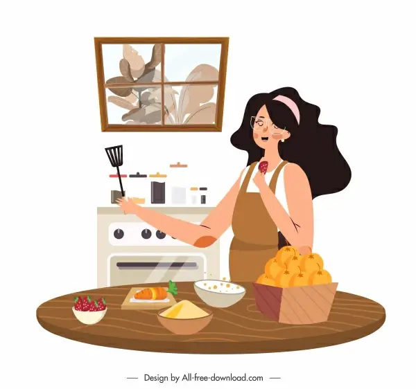 housewife work background lady kitchen utensils cartoon design