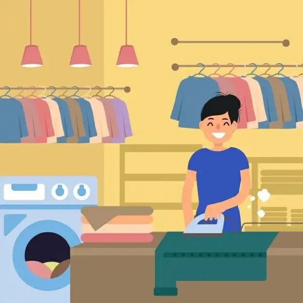 housewife work background laundry ironing icons cartoon design