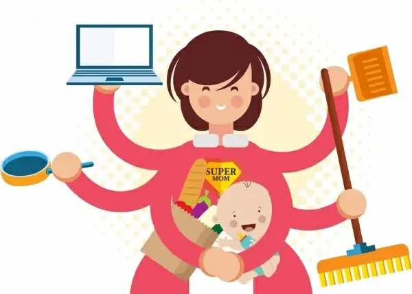 housewife work background mother kid multihands icons
