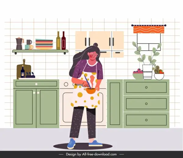 housewife work painting cooking activity sketch cartoon design