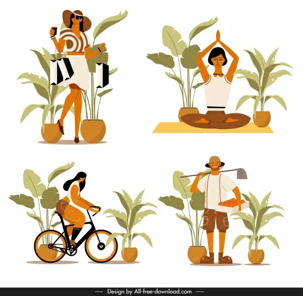 human activities icons shopping yoga cycling farming sketch