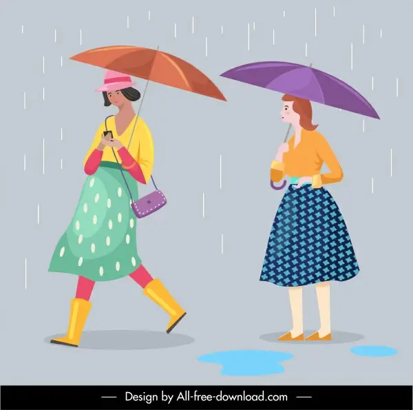human icons rain season lifestyle sketch cartoon characters