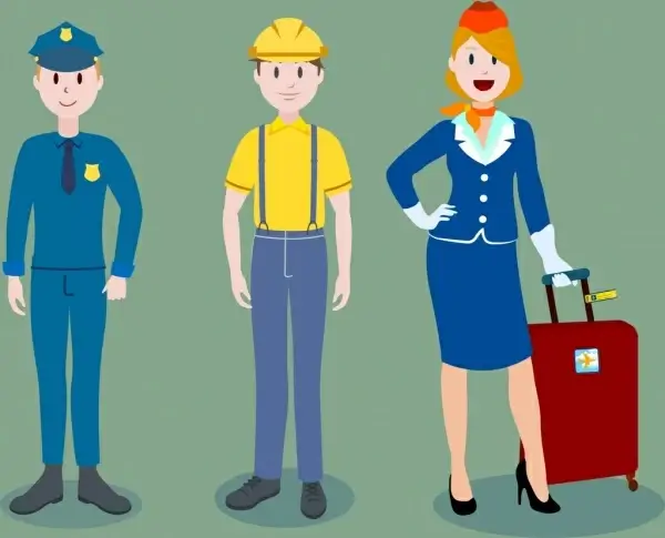 human profession icons police worker stewardess cartoon characters