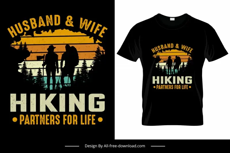 husband and wife hiking partners for life tshirt template dark silhouette outline 