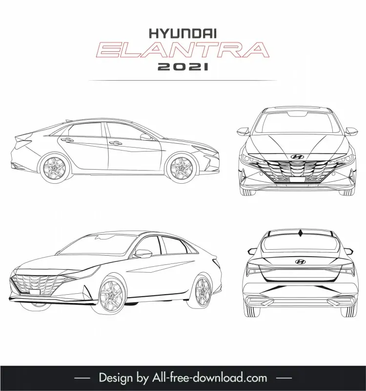 hyundai elantra 2021 car model advertising template black white handdrawn different sides outline