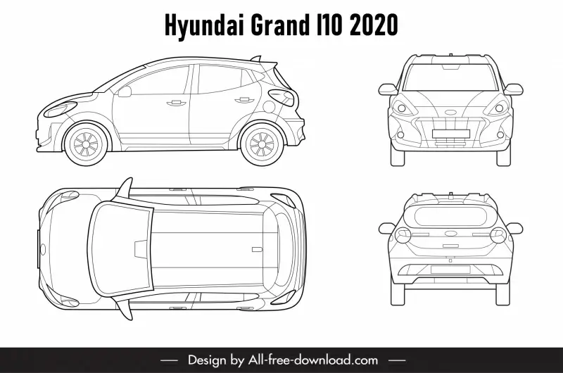 hyundai grand i10 2020 icons black white handdrawn different views outline