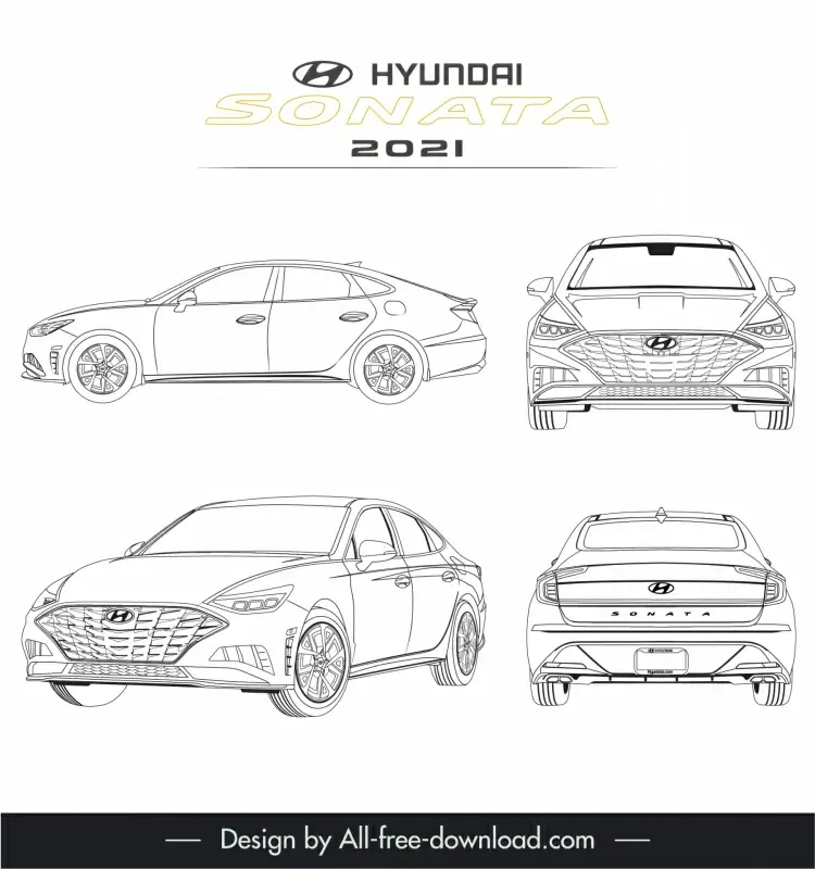 hyundai sonata 2021 car advertising template black white handdrawn different views outline