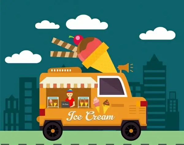 ice cream advertisement delivery car icon town background