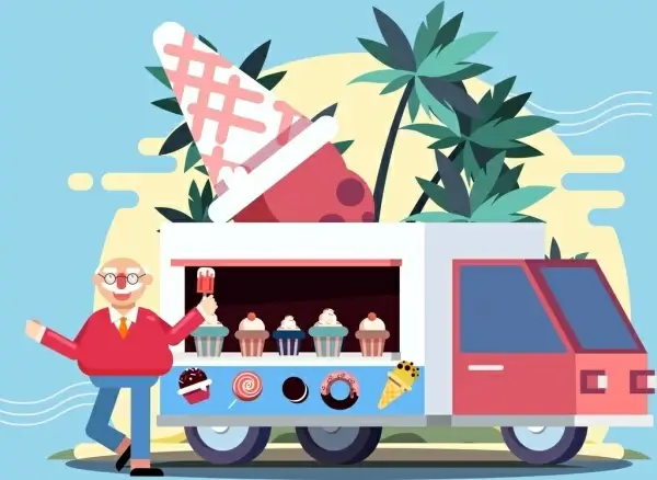 ice cream advertising man truck icons cartoon design
