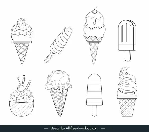 ice cream icons black white handdrawn sketch