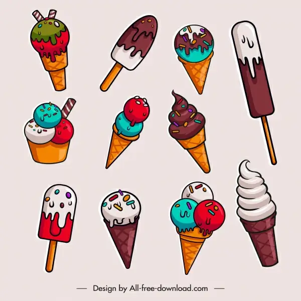 ice cream icons collection colorful tasty shapes