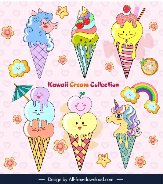 ice cream icons cute colorful stylized decor