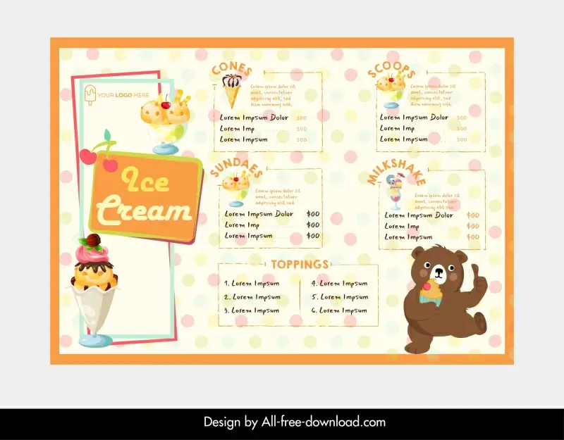 ice cream menu template cute cartoon bear 