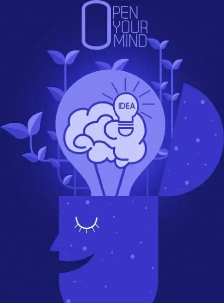 idea poster dark blue brain head lightbulb icons
