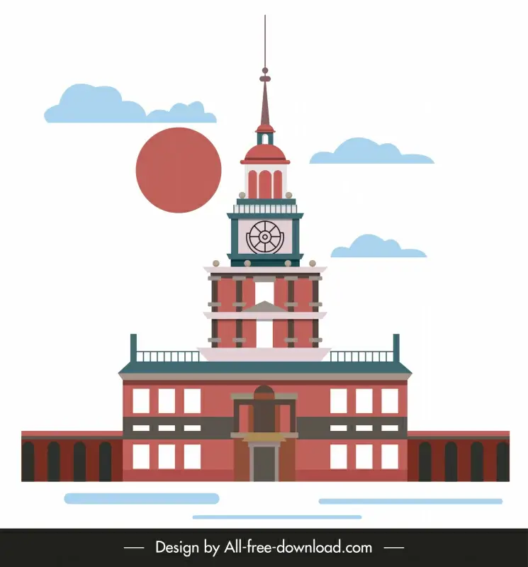 independence hall backdrop colored flat classic symmetrical sketch