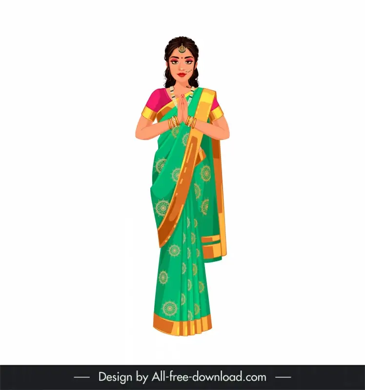 indian woman icon classical saree traditional dress sketch cartoon character outline 