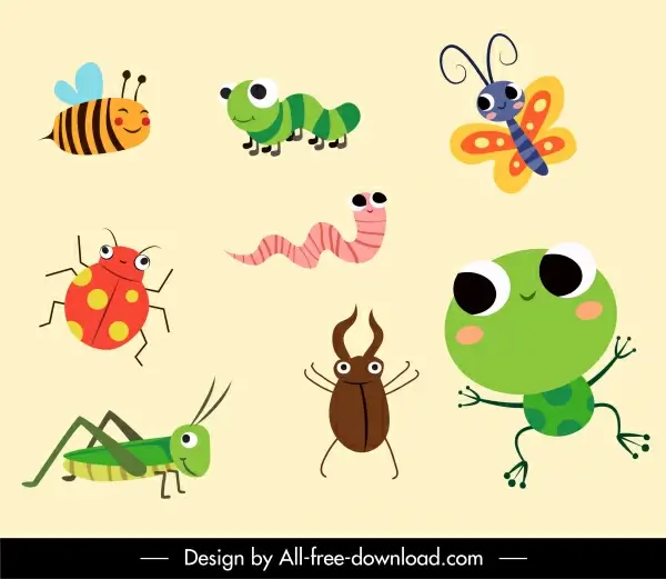 insects icons colorful flat cute cartoon sketch