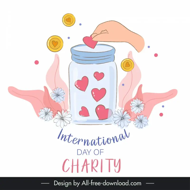 international day of charity banner template hand hearts jar flowers handdrawn