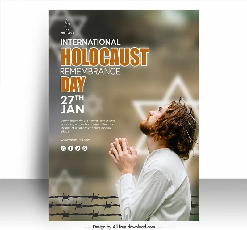 international day of commemoration in memory of the victims of the holocaust poster template praying man stars decor