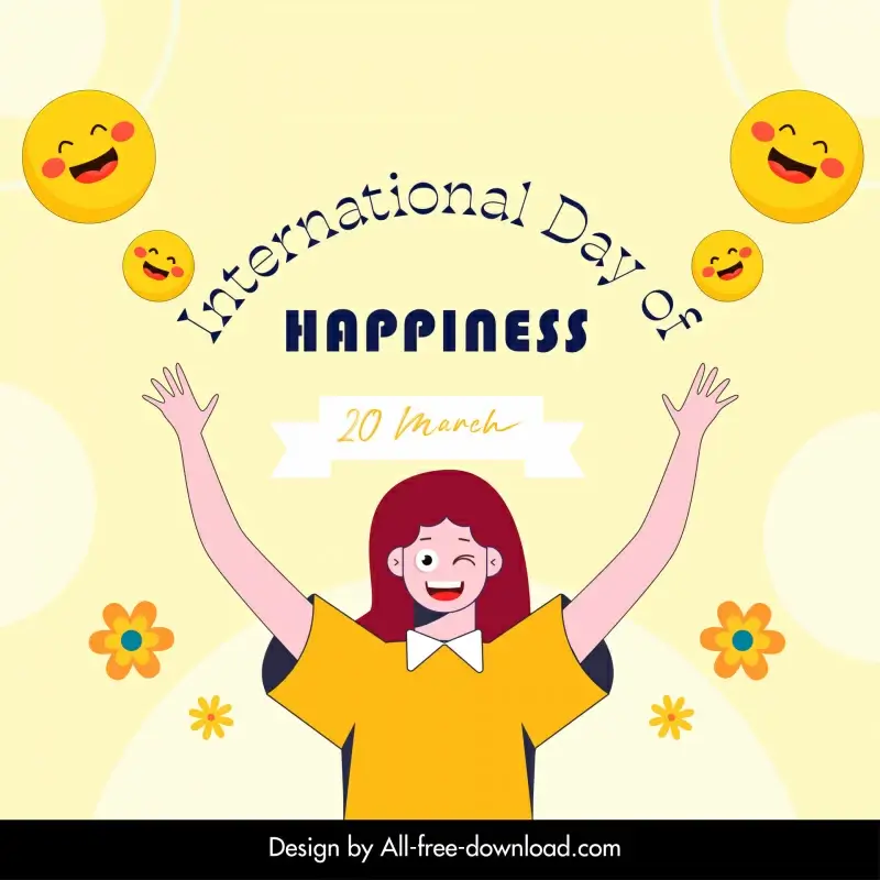 international day of happiness banner template happy girl smiley emoticon petals decor