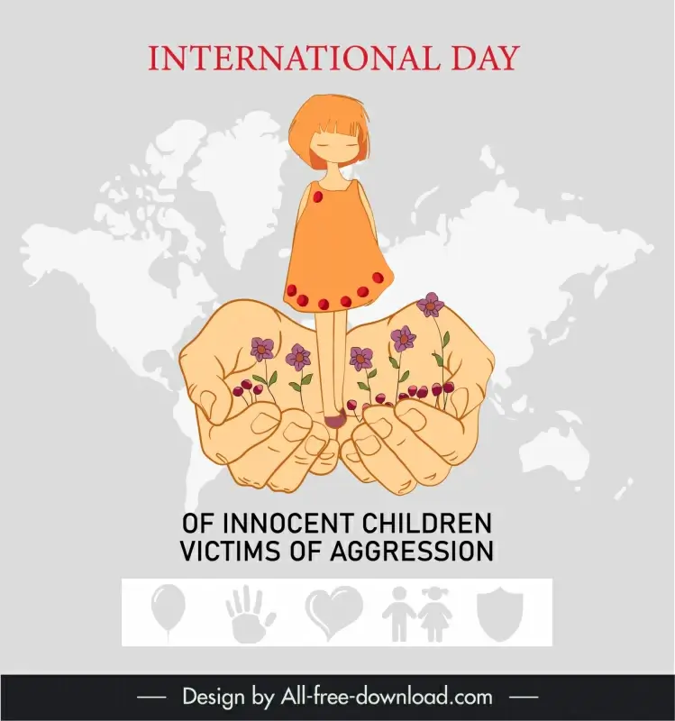 international day of innocent children victims of aggression poster template small girl holding hands flowers global map sketch