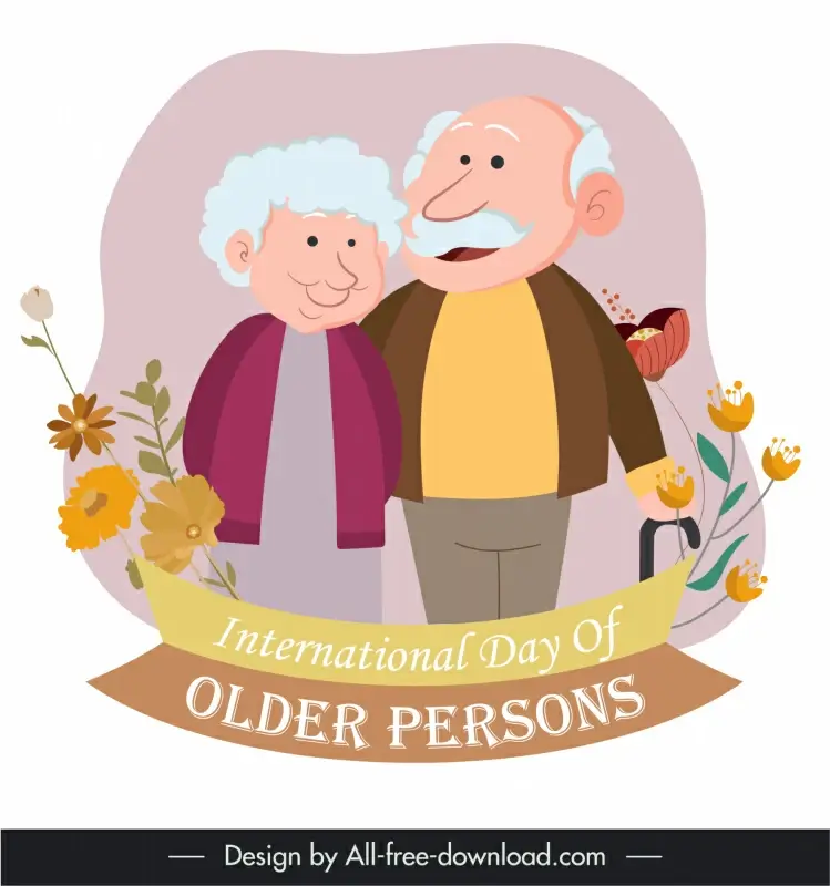 international day of older persons poster template flat classical handdrawn cartoon sketch flowers ribbon decor