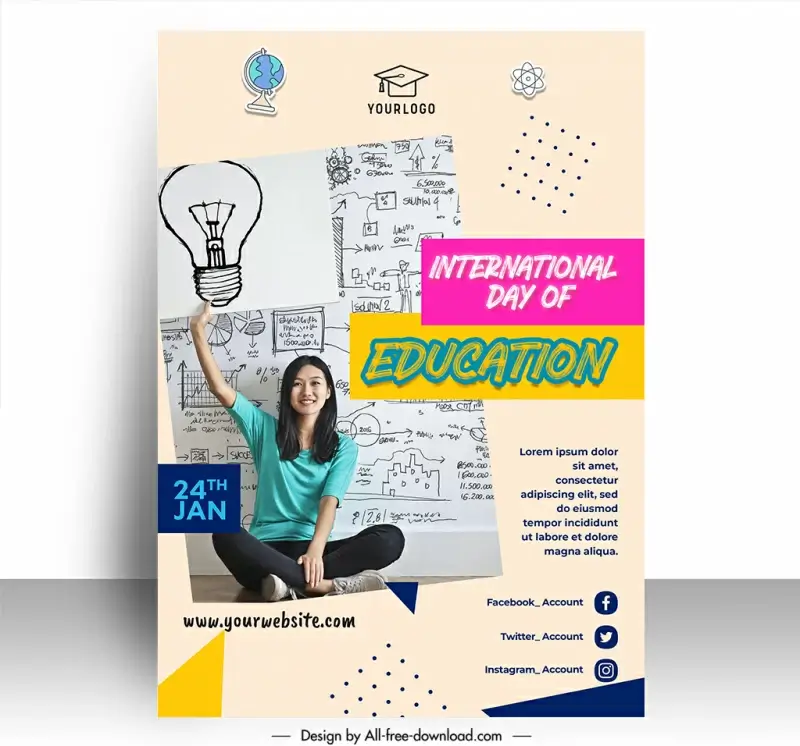 international education day poster template dynamic girl handdrawn education elements sketch  