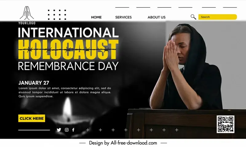  international holocaust remembrance day landing page template praying woman candle light sketch contrast design 