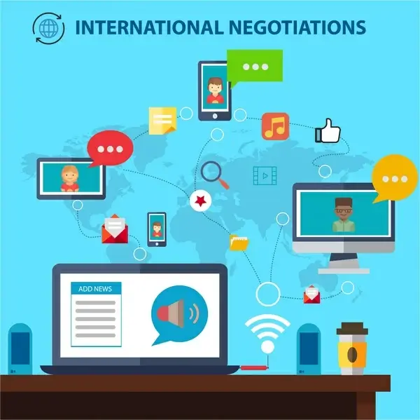 international negotiations concept with computing interfaces illustration