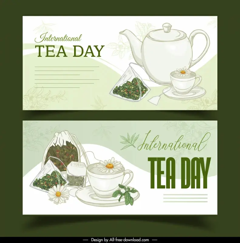 international tea banner template elegant classical handdrawn teapot cup flower decor