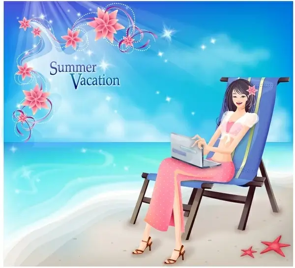 summer background beach scene relaxed woman icons